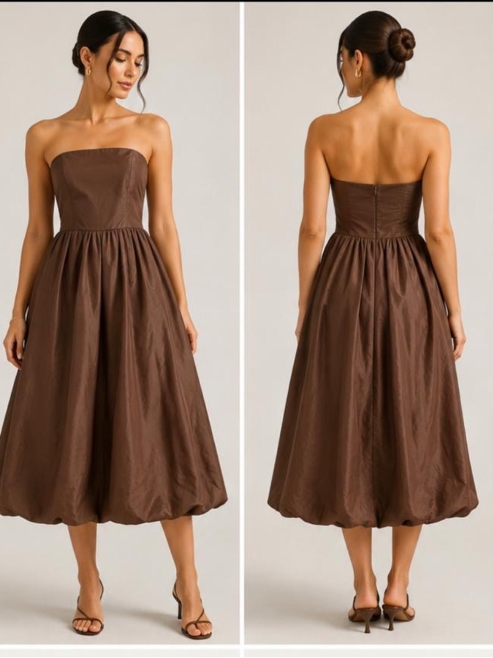 Elegant Strapless Chocolate Brown Midi Dress